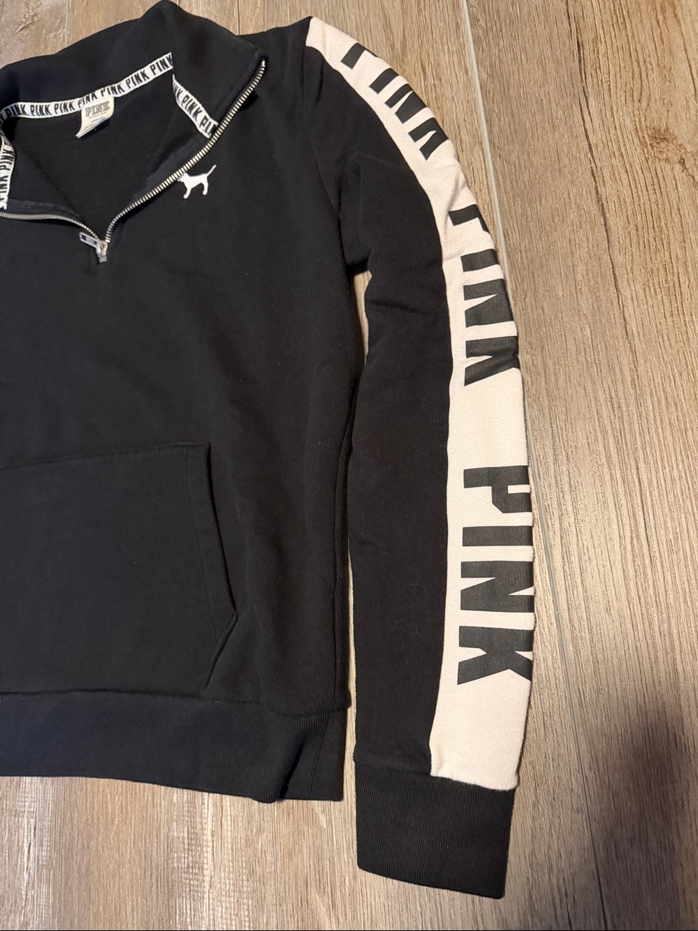 PINK Victoria's Secret Black Half-Zip Pullover with White Sleeve Panels - Picture 4 of 6